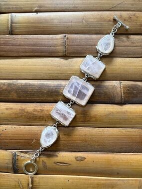 Silver tone Rose Quartz Link Bracelet - Pink Stone Bracelet